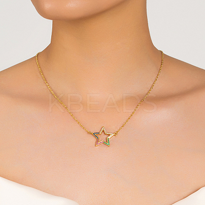 Brass Pave Cubic Zirconia Hollow Star Shape Pendant Necklaces for Women PR2512-1