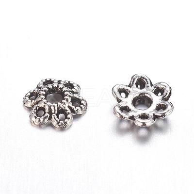 6-Petal Tibetan Style Alloy Hollow Flower Bead Caps X-TIBE-S221-AS-NR-1