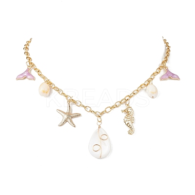 Alloy Enamel Whale Tail Starfish & Natural Shell Teardrop Pendant 304 Stainless Steel Cable Chain Necklaces for Women NJEW-JN05407-02-1