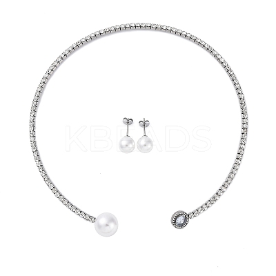 Round Plastic Imitation Pearl Stud Earrings & Cubic Zirconia and Rhinestone Cuff Choker Necklaces Sets SJEW-U003-03P-1