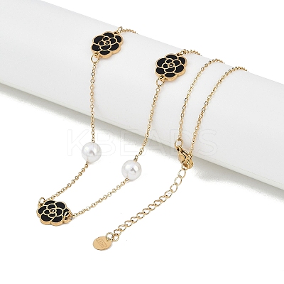 Ion Plating(IP) 304 Stainless Steel Black Enamel Flower Pendant Necklaces for Women NJEW-M078-09G-1