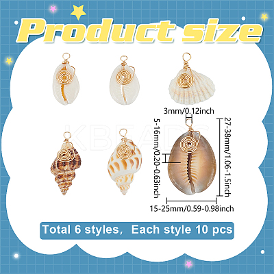 60Pcs 6 Style Natural Shell Pendants PALLOY-ME00019-1