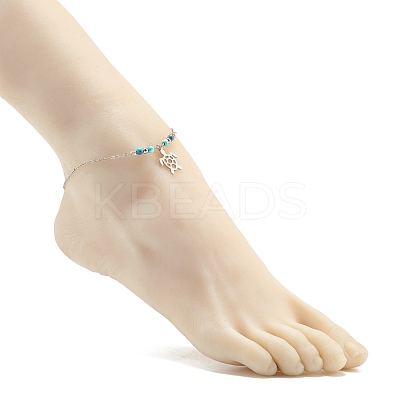 304 Stainless Steel Turtle Charm Anklet with Round Natural White Jade Beads for Women AJEW-AN00498-04-1
