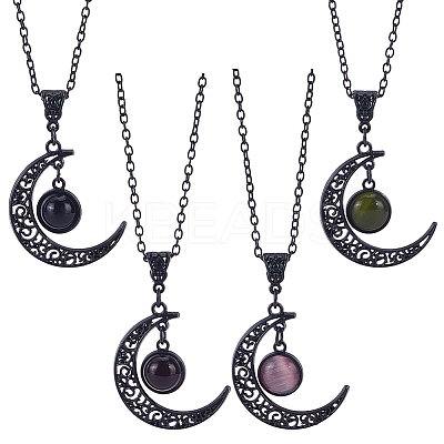 4Pcs 4 Colors Glass Flat Round & Alloy Moon Pendant Necklaces Set NJEW-AN0001-55-1