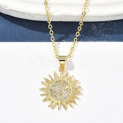 Brass Micro Pave Clear Cubic Zirconia Sun Pendant Necklaces for Women NJEW-S449-05A-G-1