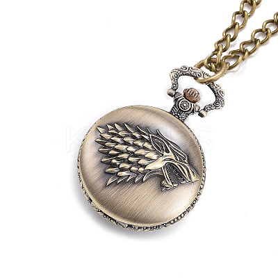 Carved Alloy Flat Round Pendant Necklace Quartz Pocket Watch WACH-P006-05-1