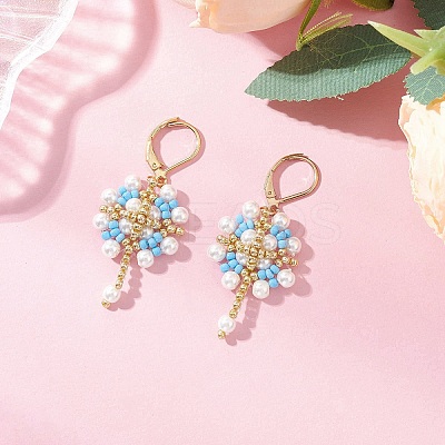 Flower with Cross 304 Stainless Steel Earrings Glass Seeds Leverback Earrings EJEW-MZ00507-04-1