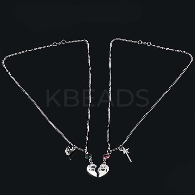 2Pcs Alloy Emerald and Rose Rhinestone Witch Best Friends Heart Pendant Couple Necklaces for Women FS-WG895A1-02-1