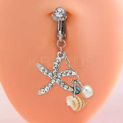 304 Stainless Steel Pave Cubic Zirconia & Plastic Pearl & Natural Shell Starfish Dangle Clip on Belly Rings FS-WG69EA3-01-1