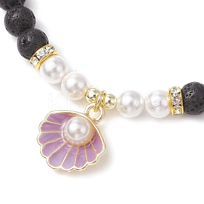 Natural Lava Rock Round Beads with Brass Rhinestone Spacer Beads and Shell Pearl Bead and Electroplate Non-magnetic Synthetic Hematite Beads and Alloy Pendants Bracelets BJEW-JB11511-1