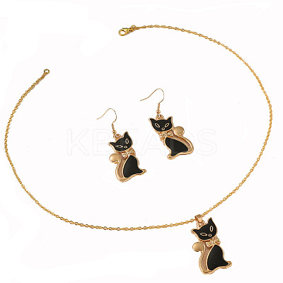 Cat Shape Zinc Alloy Enamel Pendant Necklaces & Dangle Earrings Sets FS-WG2319B-01-1