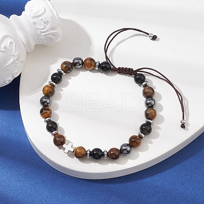 Natural Tiger Eye & Obsidian Round & Brass Cross Braided Bead Bracelets BJEW-JB09704-02-1