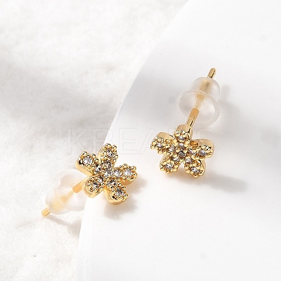 Flower Brass Micro Pave Clear Cubic Zirconia Stud Earrings EJEW-P331-12G-1