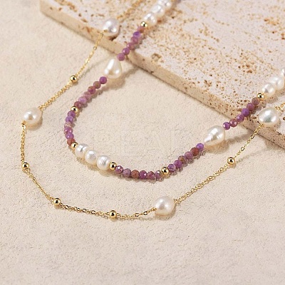 Natural Lepidolite & Pearl Beaded Double Layer Necklaces NJEW-G121-01G-1