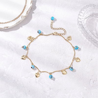 Handmade Evil Eye Lampwork & Stainless Steel Heart Tassel 304 Stainless Steel Curved Bar Link Chain Anklets for Women AJEW-AN00742-03-1