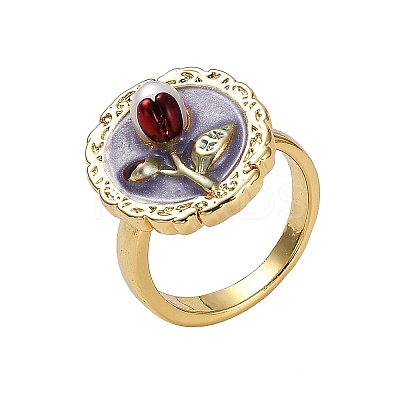 Flower Pattern Brass Enamel & Natural Freshwater Pearl Open Cuff Rings for Women RJEW-G342-01G-02-1