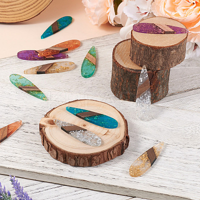 12Pcs 6 Colors Transparent Resin & Walnut Wood Big Pendants RESI-TA0002-73-1