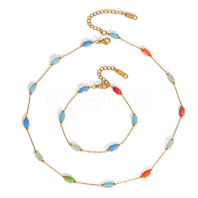 Stainless Steel Glass Rectangle Link Chain Bracelets & Necklaces Sets for Women HD8734-1-1