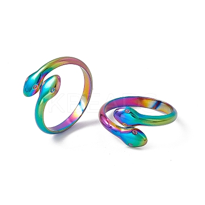 Ion Plating(IP) 304 Stainless Steel Double Snake Open Cuff Ring for Women RJEW-C045-14M-1