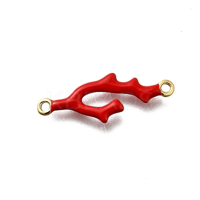 Brass Red Enamel Coral Shaped Connector Charms KK-P295-31G-1