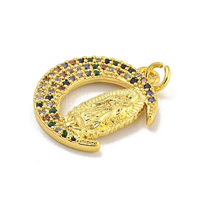 Virgin Mary Theme Rack Plating Brass Micro Pave Cubic Zirconia Pendants KK-C074-70G-01-1