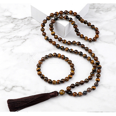 Natural Tiger Eye Round Beaded Pendant Necklaces & Bracelets Sets FS-WG9D102-06-1