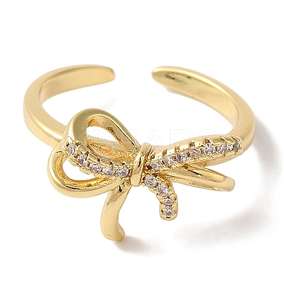 Bowknot Brass Micro Pave Clear Cubic Zirconia Open Cuff Rings for Women RJEW-C098-07G-1