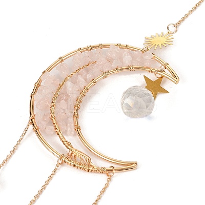 Wire Wrapped Natural Rose Quartz Moon with Tree of Life Pendant Decorations HJEW-K046-07G-05-1
