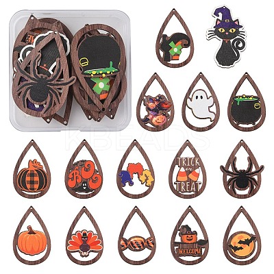 15Pcs 15 Styles Halloween Theme Single Face Printed Aspen Wood Big Pendants WOOD-YW0001-09-1