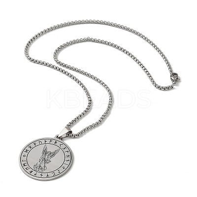 201 Stainless Steel Flat Round with Archangel Saint Michael Pendant Necklaces for Women Men LS-NJEW-F344-02P-1