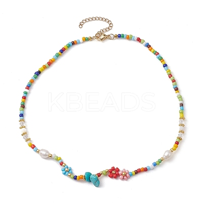 Flower Glass Seed & Pearl Beaded Necklaces NJEW-JN04677-01-1