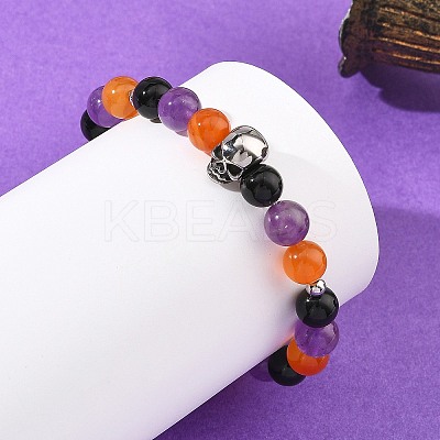 Halloween Natural Black Onyx(Dyed & Heated) & Amethyst & Carnelian Round Beaded Stretch Bracelets for Women BJEW-TA00767-1