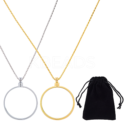2Pcs 2 Colors Flat Round Glass Magnifying Pendant Necklaces NJEW-SP0001-02-1