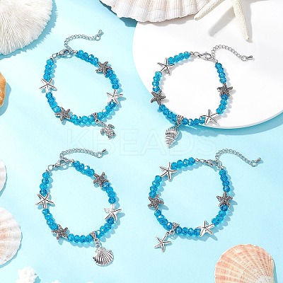 4Pcs Ocean Series Zinc Alloy Charm Bracelets BJEW-JB11899-1