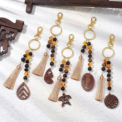 Lava Rock & Tiger Eye & Resin & Wood Tassels Keychain KEYC-JKC00920-1