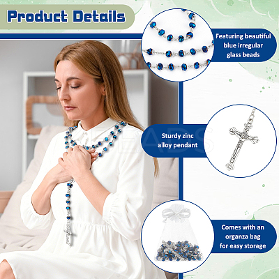 15Pcs Jesus Cross Zinc Alloy Pendant Blue Glass Rondelle Rosary Bead Necklaces for Women Men NJEW-WA0001-02-1
