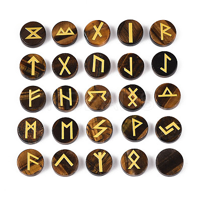 Brass Elder Futhark Alphabet Engraved Symbol Flat Round Natural Tiger Eye Rune Stones G-I373-01L-1