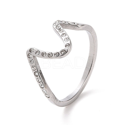 Crystal Rhinestone Wave Finger Ring 304 Stainless Steel Jewelry for Women RJEW-D120-21B-P-1