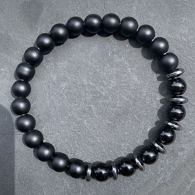 Natural Obsidian Agate Round Beads Stretch Bracelets for Men Women UT1293-2-1