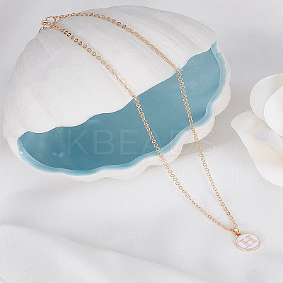 1Pc Zinc Alloy White Enamel Round with Letter Pendant Necklaces NJEW-LP0002-88G-H-1
