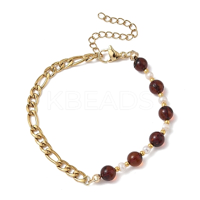 Natural Amber & Cultured Freshwater Pearl Beads Link Bracelets BJEW-JB13694-02-1