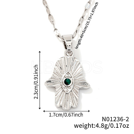 Chic Minimalist Brass Green Cubic Zirconia Hamsa Hand Pendant Dapped Chain Necklace for Women CX1024-2-1