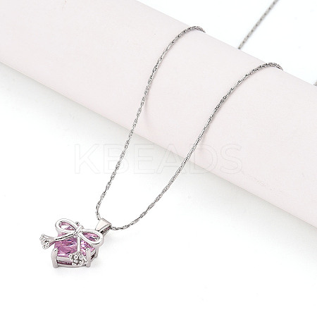 Brass Cubic Zirconia Heart with Bowknot Pendant 304 Stainless Steel Chain Necklaces NJEW-T018-04P-1