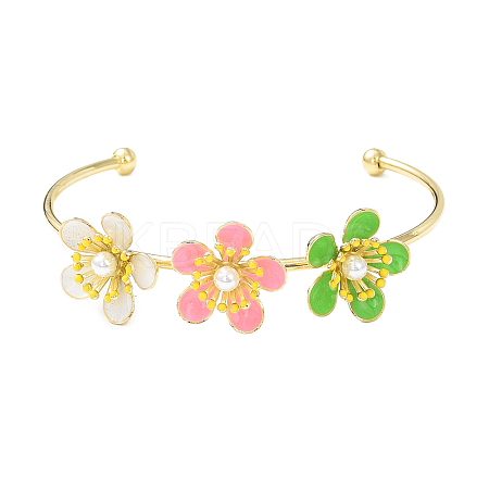 Alloy Flower with Imitation Pearl Beaded Open Cuff Bangle for Women LS-BJEW-D054-02G-03-1