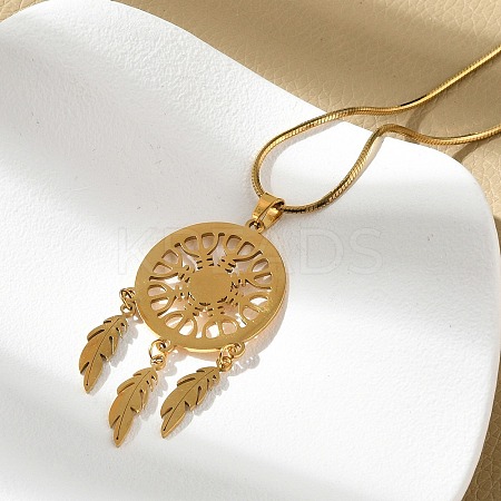 Bohemian 201 Stainless Steel Snowflake Woven Web/Net with Feather Pendant Necklaces NJEW-P327-07G-A-1