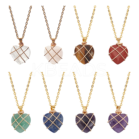 ANATTASOUL 8Pcs 8 Style Natural Mixed Gemstone Heart Pendant Necklaces Set NJEW-AN0001-48-1