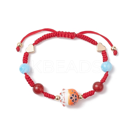 Fortune Cat Handmade Porcelain & Natural Carnelian & Acrylic Braided Bead Bracelets BJEW-JB10504-1