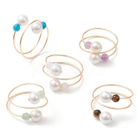 Round Shell Pearl & Natural Black Onyx & Moonstone & Green Aventurine & Apatite & Amethyst Finger Rings RJEW-JR00765-1