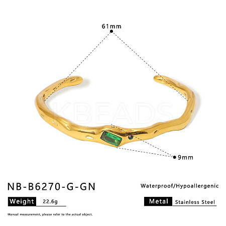 304 Stainless Steel Micro Pave Green Cubic Zirconia Cuff Bangles for Women WG3B407-04-1