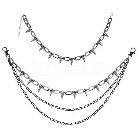 Punk Exaggerated Alloy Cable Necklaces & Aluminum & Iron Spike Rivet Tassel Chains Belt Jewelry Sets SJEW-AR0001-02-1